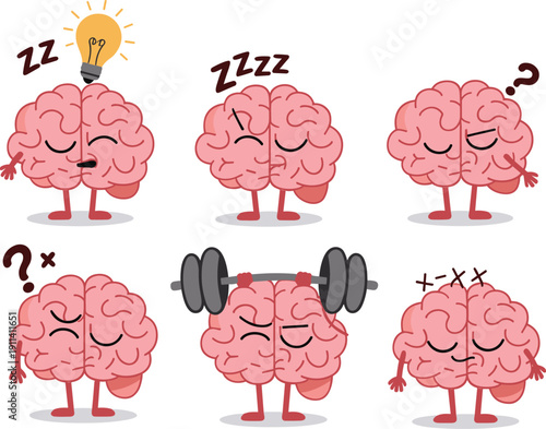Cartoon brain characters illustration, different facial expressions, inspiration idea, sleep rest, confusion, mental strength, problem solving, educational psychology vector artwork