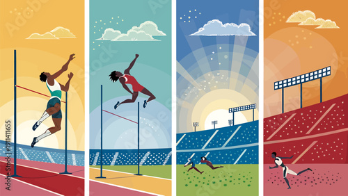 Athletes competing in track and field events under varied weather conditions at stadium
