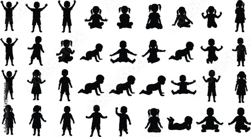 Collection of baby and toddler silhouettes in various poses isolated on white background, child development stages vector set, kids sitting crawling standing illustration bundle