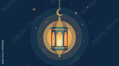 Elegant hanging lantern with crescent moon and stars at night