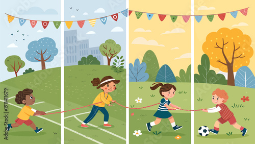 Children playing tug of war outdoors in a park with colorful bunting