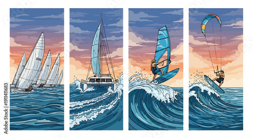 Sailing sailing boat boat windsurfing wave kite sea ocean sunset sunset sky blue pink clouds