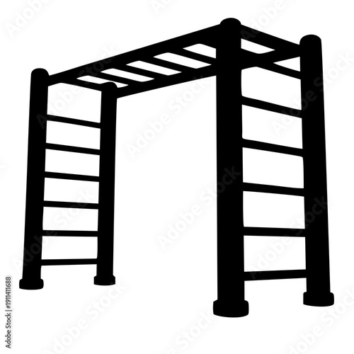 Black silhouette of a child hanging from monkey bars, front view, both hands gripping horizontal ladder bars, playful pose with one leg bent, solid black shape, isolated on white background, high cont
