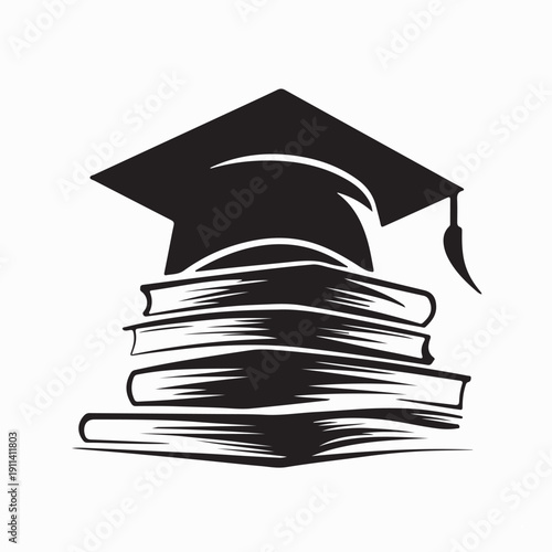 Graduation Cap on Stack of Books Logo Vector on White Background