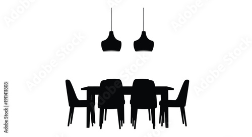 Minimalist dining scene with table chairs and pendant lights silhouette