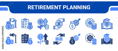 Retirement Planning Icon Collection,  featuring Retirement fund, Financial planning, Investment growth, Savings plan, Financial goals, Wealth management, Financial literacy.