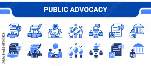Public Advocacy Icon Collection,  featuring Public, Petition, Lobbying, Participation, Representation, Free press, Civic.