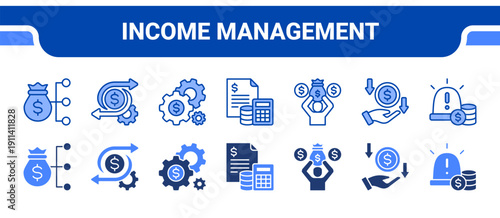 Income Management Icon Collection,  featuring Income, Cash flow, Money management, Budgeting, Financial independence, Passive income, Emergency fund.