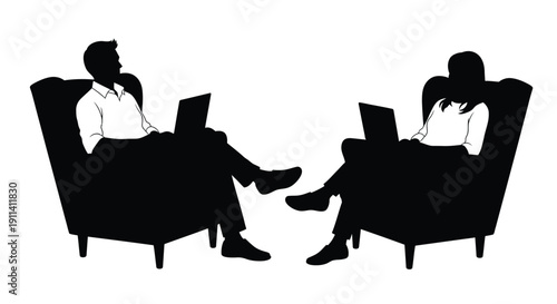 Two people working on laptops in chairs a black silhouette