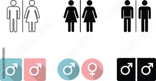 Comprehensive collection of restroom signs featuring male and female silhouettes alongside colorful gender symbols for Venus and Mars in various styles