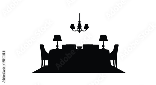 Elegant dining room interior with furniture and lighting silhouette