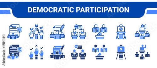 Democratic Participation Icon Collection,  featuring Public, Participation, Petition, Debates, Elections, Voting booth, Representation.