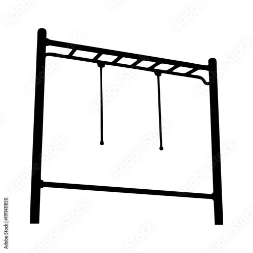 Black silhouette of a child hanging from monkey bars, front view, both hands gripping horizontal ladder bars, playful pose with one leg bent, solid black shape, isolated on white background, high cont