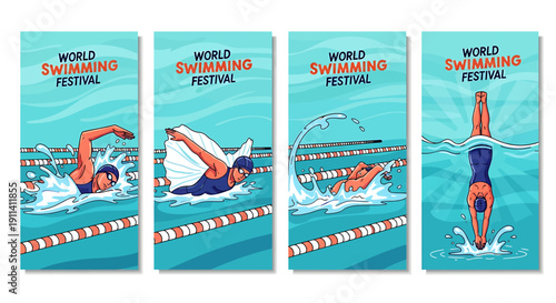 Swimmers in blue suits compete in world swimming festival kicking diving and swimming in a pool with red and white lane