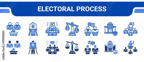 Electoral Process Icon Collection,  featuring Elections, Voting booth, Majority, Minority, Debates, Legislature, Representation.