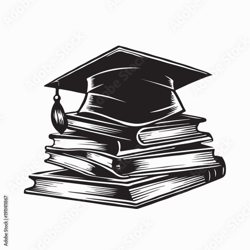 Graduation Cap on Stack of Books Logo Vector on White Background