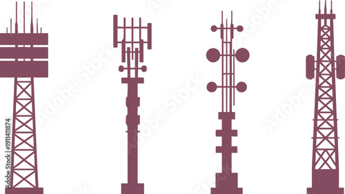 Communication tower silhouette illustration, broadcasting structures, cellular network poles, lattice and solid designs, antenna configurations, wireless technology vector artwork for infrastructure
