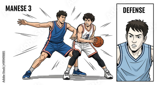 Two basketball players in action one defending man to man defense strategy in motion sports illustration