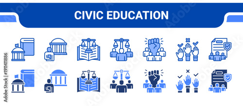 Civic Education Icon Collection,  featuring Education, Civic, Constitution, Human rights, Freedom, Participation, Public.