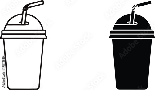 Takeaway Beverage Cup Icon Set with Straw and Dome Lid in Outline and Solid Styles for Cafe Menus, Juice Bar Branding, and Refreshment Illustrations