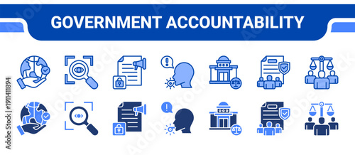 Government Accountability Icon Collection,  featuring Responsibility, Transparency, Free press, Whistle blower, Legislature, Public, Human rights.
