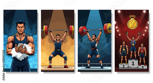 Weightlifter illustrations with various poses and medals on podiums in a colorful graphic design