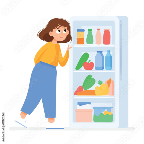 Young girl standing beside an open refrigerator.