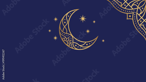 Elegant crescent moon design with stars on dark blue background