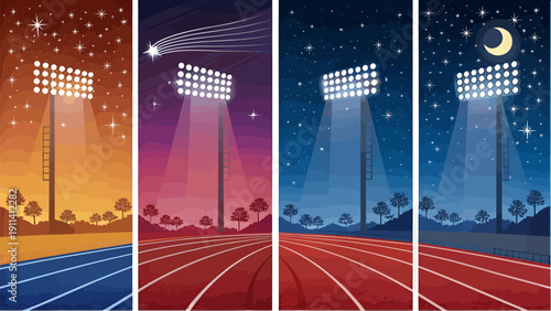 Four stadium lights on athletic tracks at different times of day and night