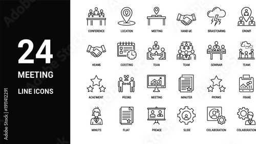 Large collection of professional business meeting and teamwork collaboration icons in a black and white cad drawing flat vector illustration for projects