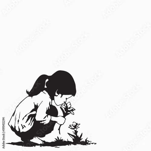 Child Girl Smelling Flowers Outdoors Image Vector Isolated on White Background