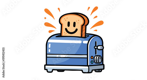 Cute cartoon toaster with happy slice of bread popping out.
