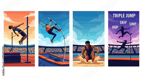 Athletes competing in track and field events including high jump long jump and triple jump on a sunny day
