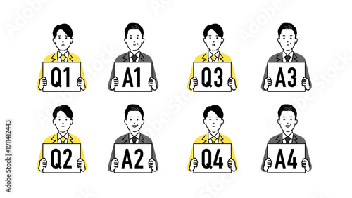 質問する後輩社員と回答する先輩社員、Q&Aボードを持つ人物アイコンセット