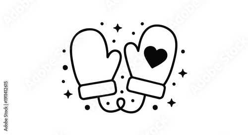 Cute Hand Drawn Mittens with Heart and Stars.