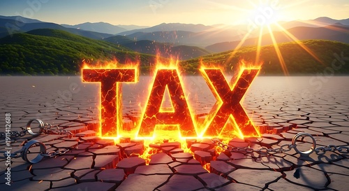 Wallpaper Mural Burning "TAX" erupts from cracked earth, chains broken, with mountains and sunset Torontodigital.ca