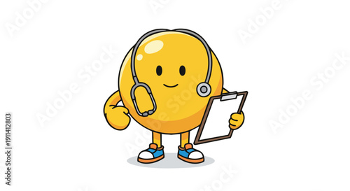 Cute Yellow Character Doctor Holding Clipboard and Stethoscope.