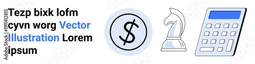 Business planning, investment strategy, financial analysis, budgeting, decision-making, accounting tools. Includes dollar symbol, chess knight and calculator. Finance and strategy