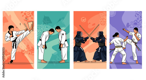 Martial arts techniques karate and sword fighting illustrated in four colorful panels