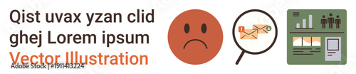 Emotion ion, email analysis, data visualization, information tracking, monitoring systems, business trends. Sad emoticon, magnifying glass on an email and infographic layout. Emotion depiction
