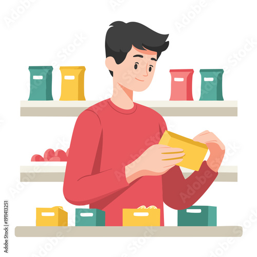 Young man examining a yellow product in store.