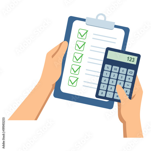 A hand uses a finger to press a button on a calculator for business accounting and financial math in an office