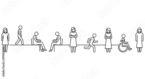 Diverse group of people in various poses and activities.