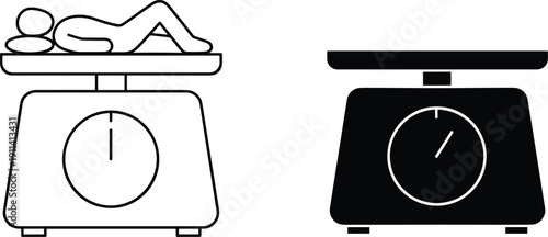 Minimalist black and white vector icons of medical weight scales featuring a baby scale and a standard laboratory scale