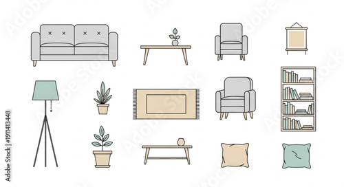 Collection of modern furniture and home decor items.