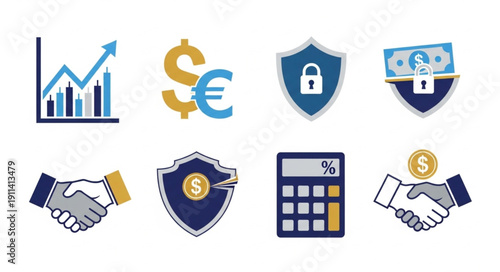 Financial Icons Representing Business Growth Security and Transactions.