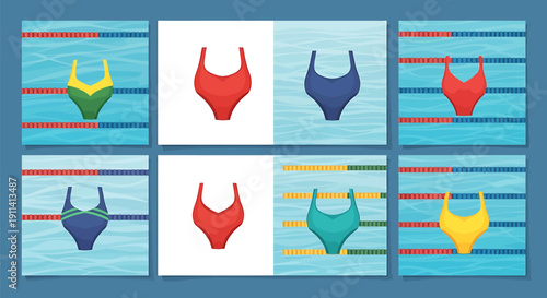 Variety of colorful swimsuits on display against a swimming pool background