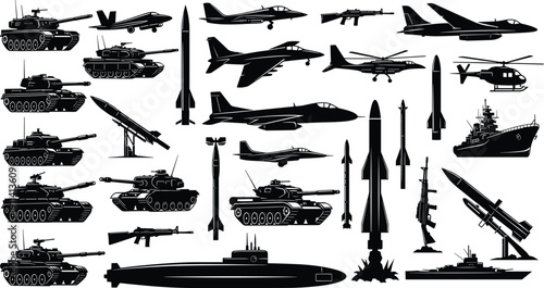 Military weapon and vehicle silhouette icon set featuring tanks aircraft missiles helicopters ships and submarines black flat vector illustration for defense design