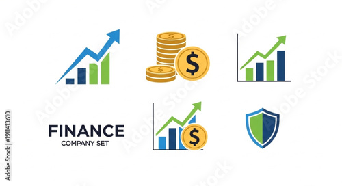 Finance Company Icons Set with Growth Charts and Shield.