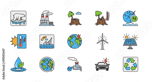Collection of environmental protection and climate change icons.